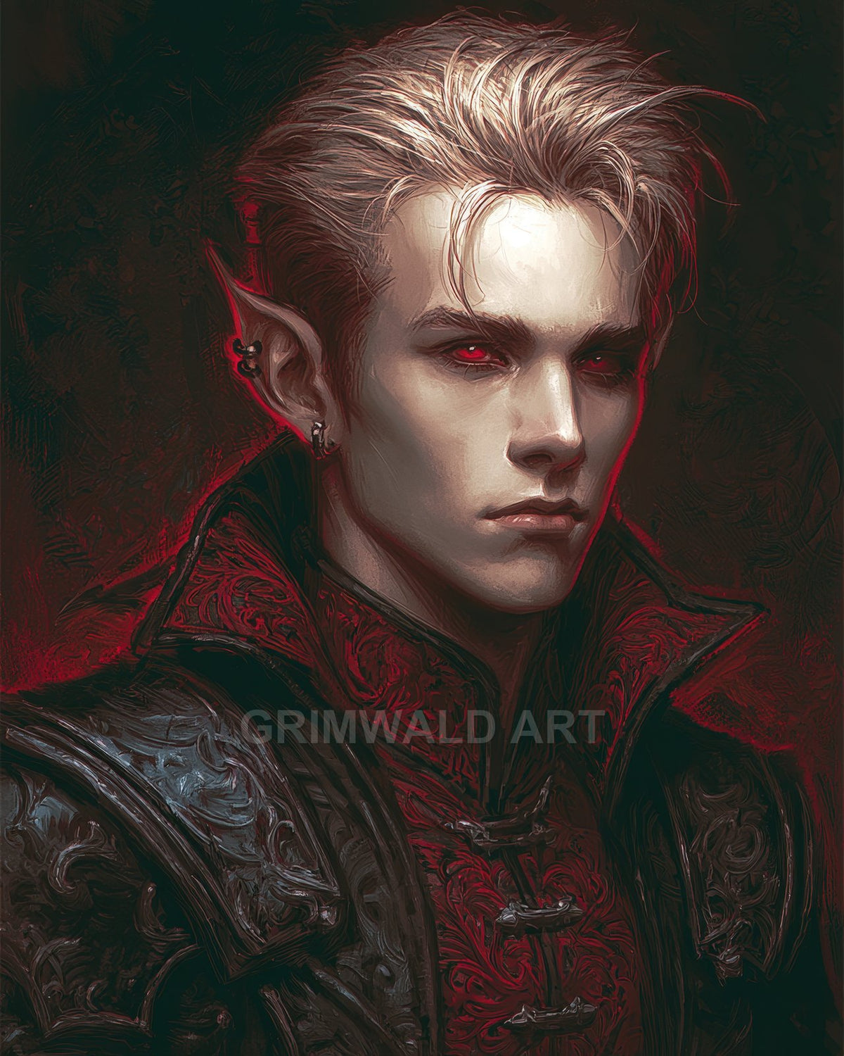Close-up portrait of a pale male vampire with red glowing eyes, pointed ear piercings, ornate black and crimson armour, high collar and deep shadow.