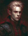 GRID THUMBNAIL — Close-up portrait of a pale male vampire with red glowing eyes, pointed ear piercings, ornate black and crimson armour, high collar and deep shadow.