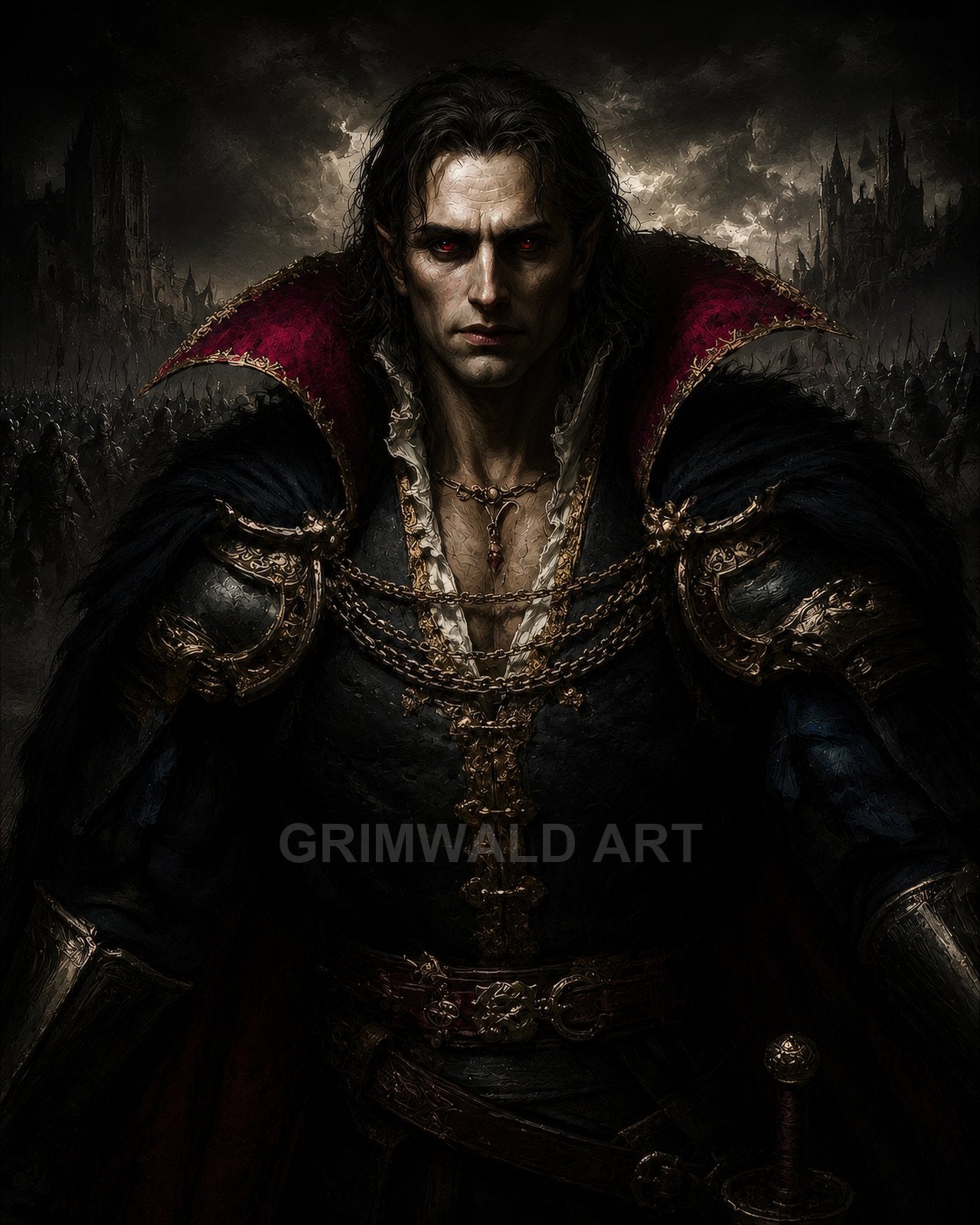 Armoured vampire noble with crimson eyes stands before a shadowy castle and marching army, moonlit clouds behind, ornate chains and furred cloak.