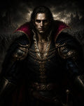 GRID THUMBNAIL — Armoured vampire noble with crimson eyes stands before a shadowy castle and marching army, moonlit clouds behind, ornate chains and furred cloak.