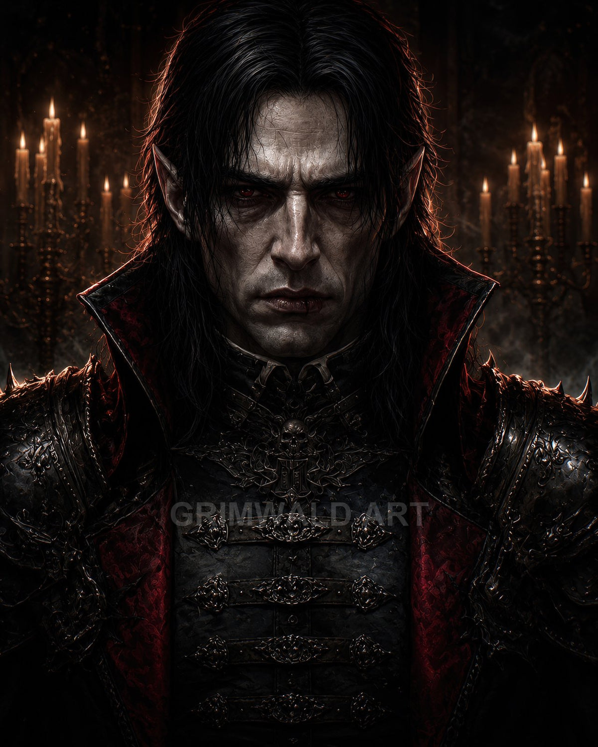 A pale, red-eyed vampire in ornate black and crimson armour stares forward, fanged and severe, with gothic candelabras glowing in the dark background.