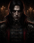 GRID THUMBNAIL — A pale, red-eyed vampire in ornate black and crimson armour stares forward, fanged and severe, with gothic candelabras glowing in the dark background.