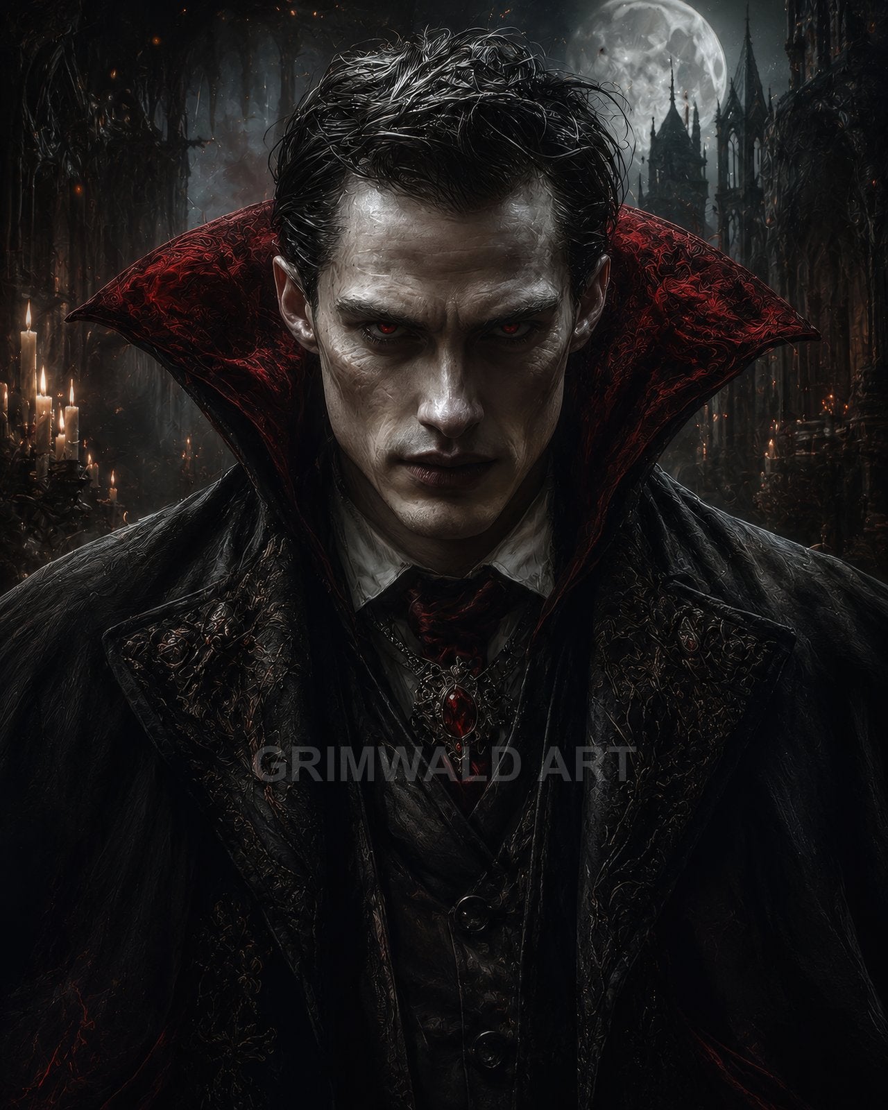 A pale, red-eyed vampire noble stares forward, wearing an ornate black cloak with crimson collar, moonlit gothic castle spires and candles behind.