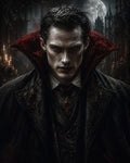 GRID THUMBNAIL — A pale, red-eyed vampire noble stares forward, wearing an ornate black cloak with crimson collar, moonlit gothic castle spires and candles behind.