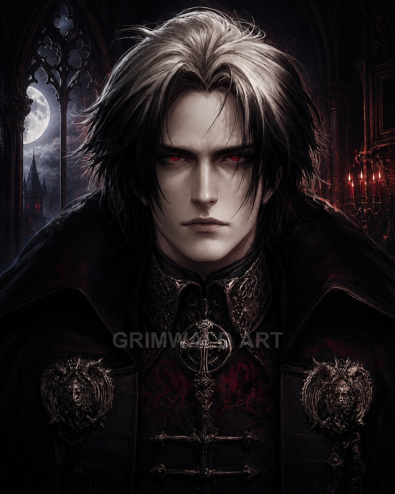 Portrait of a pale male vampire with red eyes and silver-streaked hair, ornate dark cloak, moonlit gothic window and candles behind.