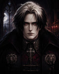 GRID THUMBNAIL — Portrait of a pale male vampire with red eyes and silver-streaked hair, ornate dark cloak, moonlit gothic window and candles behind.