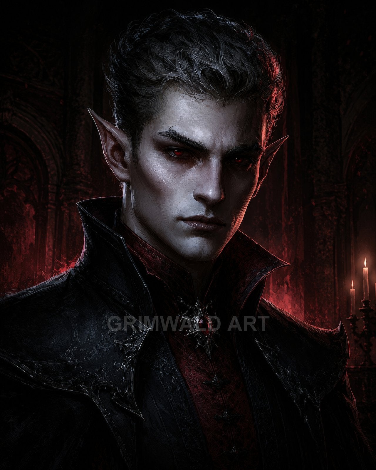 Brooding portrait of a male vampire with red eyes and pointed ears, in ornate black and crimson attire, within a firelit castle interior with candles.