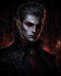 GRID THUMBNAIL — Brooding portrait of a male vampire with red eyes and pointed ears, in ornate black and crimson attire, within a firelit castle interior with candles.