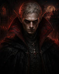 GRID THUMBNAIL — Pale vampire noble with red eyes and pointed ears in ornate black cloak before a moonlit castle and candlelit gothic cathedral.