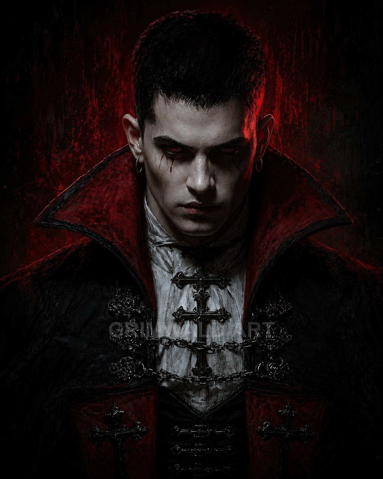 Brooding male vampire with crimson eyes and blood tear, wearing ornate black coat with red-lined collar and gothic crosses, against dark red-lit backdrop.