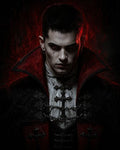 GRID THUMBNAIL — Brooding male vampire with crimson eyes and blood tear, wearing ornate black coat with red-lined collar and gothic crosses, against dark red-lit backdrop.