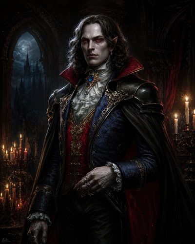 GRID THUMBNAIL — Gothic portrait of a pale, red-eyed vampire noble in ornate blue and red attire, standing in a candlelit castle hall with moonlit window.