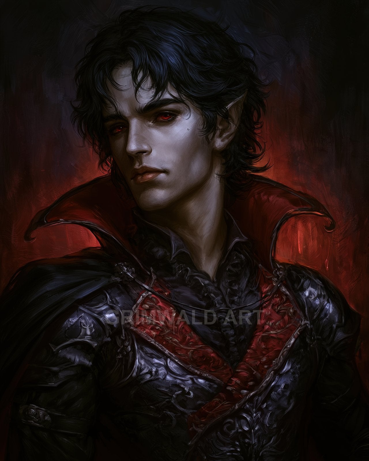 Portrait of a pale male vampire with red eyes, pointed ear and ornate black armour, crimson collar glowing against a dark background.