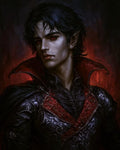 GRID THUMBNAIL — Portrait of a pale male vampire with red eyes, pointed ear and ornate black armour, crimson collar glowing against a dark background.