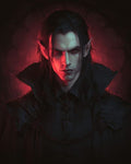 GRID THUMBNAIL — Portrait of a pale, sharp-featured vampire with red eyes and pointed ears, in a black cloak, lit by ominous red backlight.