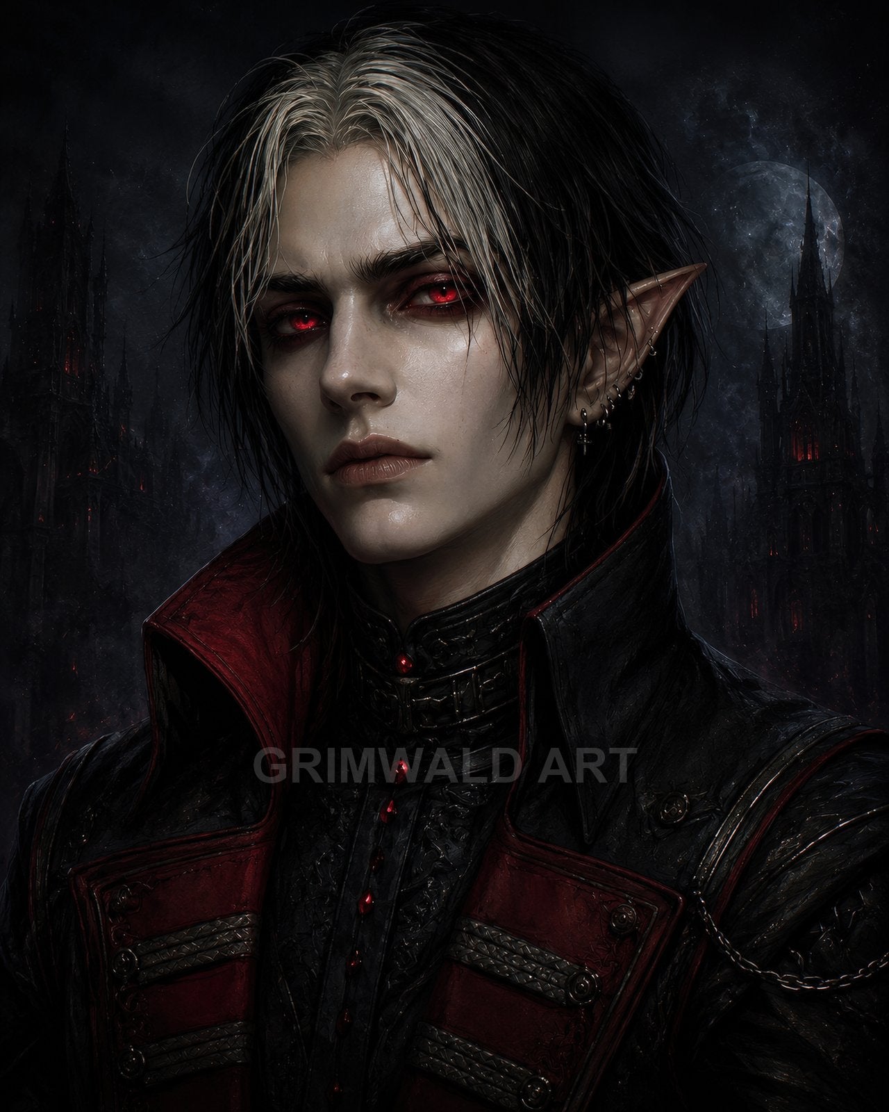 Androgynous vampire with red eyes and pointed ears wearing an ornate black and crimson coat, moonlit gothic spires looming in the dark background.