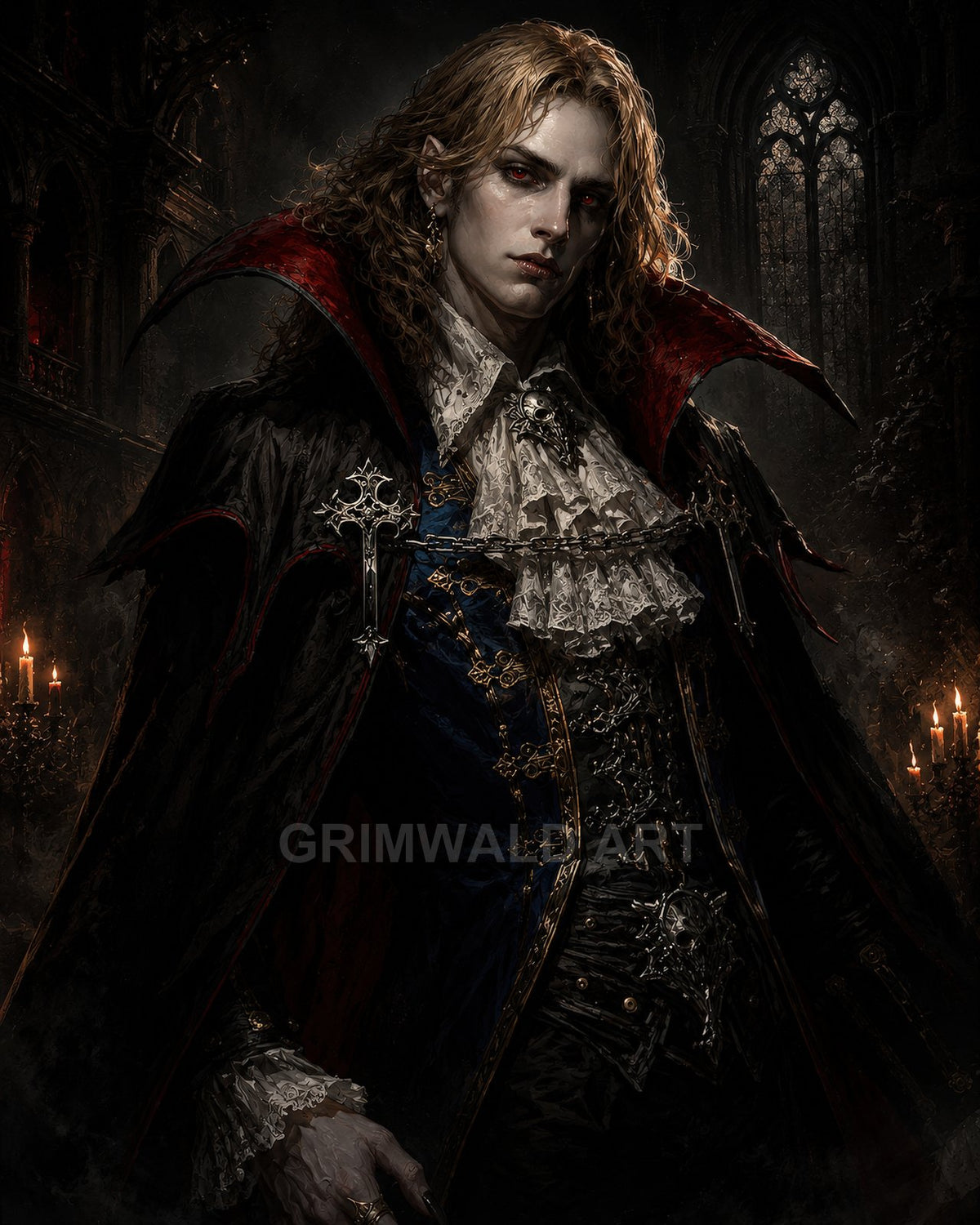 Androgynous vampire noble with red eyes and lace cravat stands in a candlelit Gothic cathedral, wearing an ornate black cloak with crimson lining.