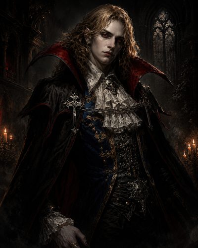 GRID THUMBNAIL — Androgynous vampire noble with red eyes and lace cravat stands in a candlelit Gothic cathedral, wearing an ornate black cloak with crimson lining.