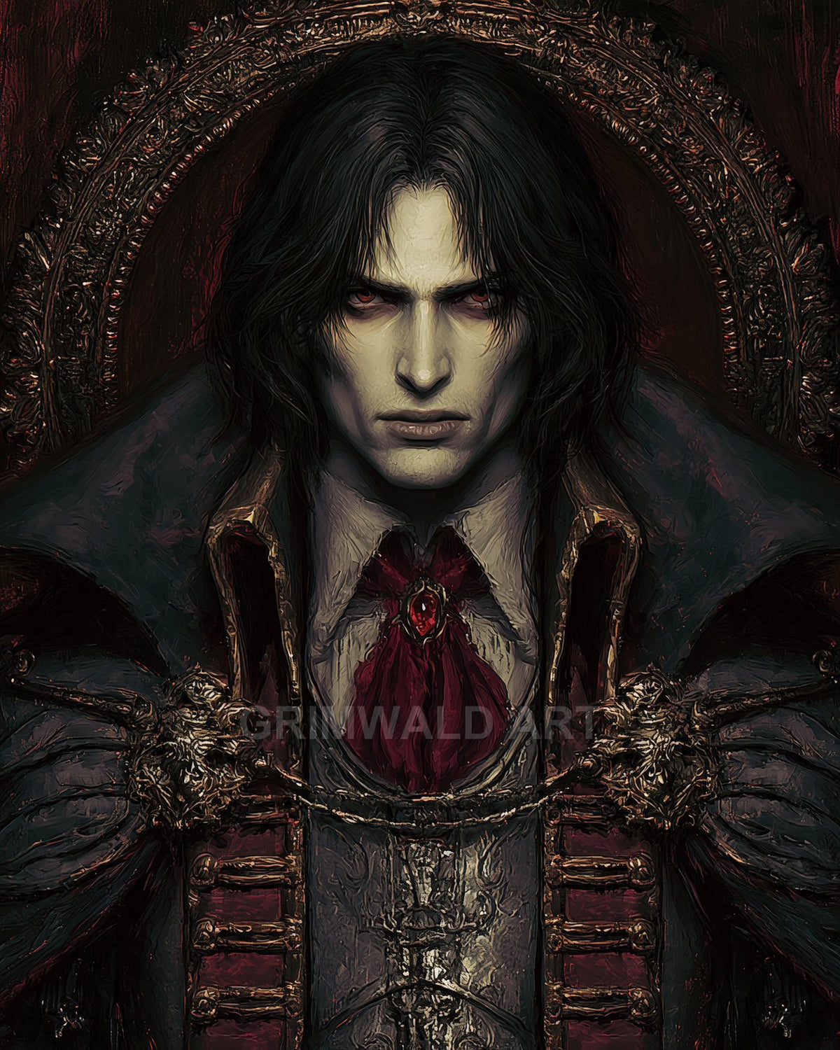 Gothic portrait of a pale, red-eyed vampire noble in ornate coat and crimson cravat, framed by a baroque circular decoration.