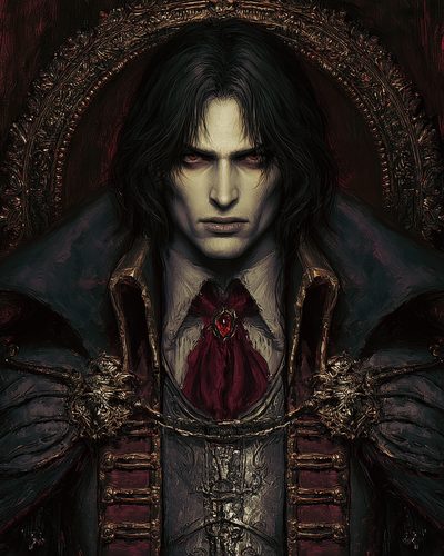 GRID THUMBNAIL — Gothic portrait of a pale, red-eyed vampire noble in ornate coat and crimson cravat, framed by a baroque circular decoration.