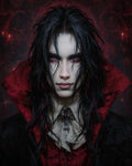 GRID THUMBNAIL — Portrait of an androgynous vampire with pale skin, red eyes, and black hair, wearing red-collared gothic attire with jewelled brooch, candles glowing behind.