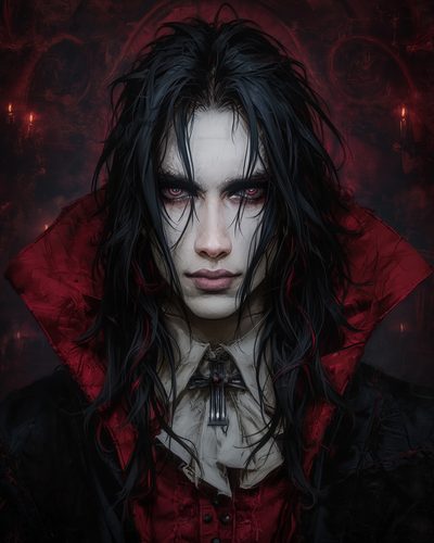 GRID THUMBNAIL — Portrait of an androgynous vampire with pale skin, red eyes, and black hair, wearing red-collared gothic attire with jewelled brooch, candles glowing behind.