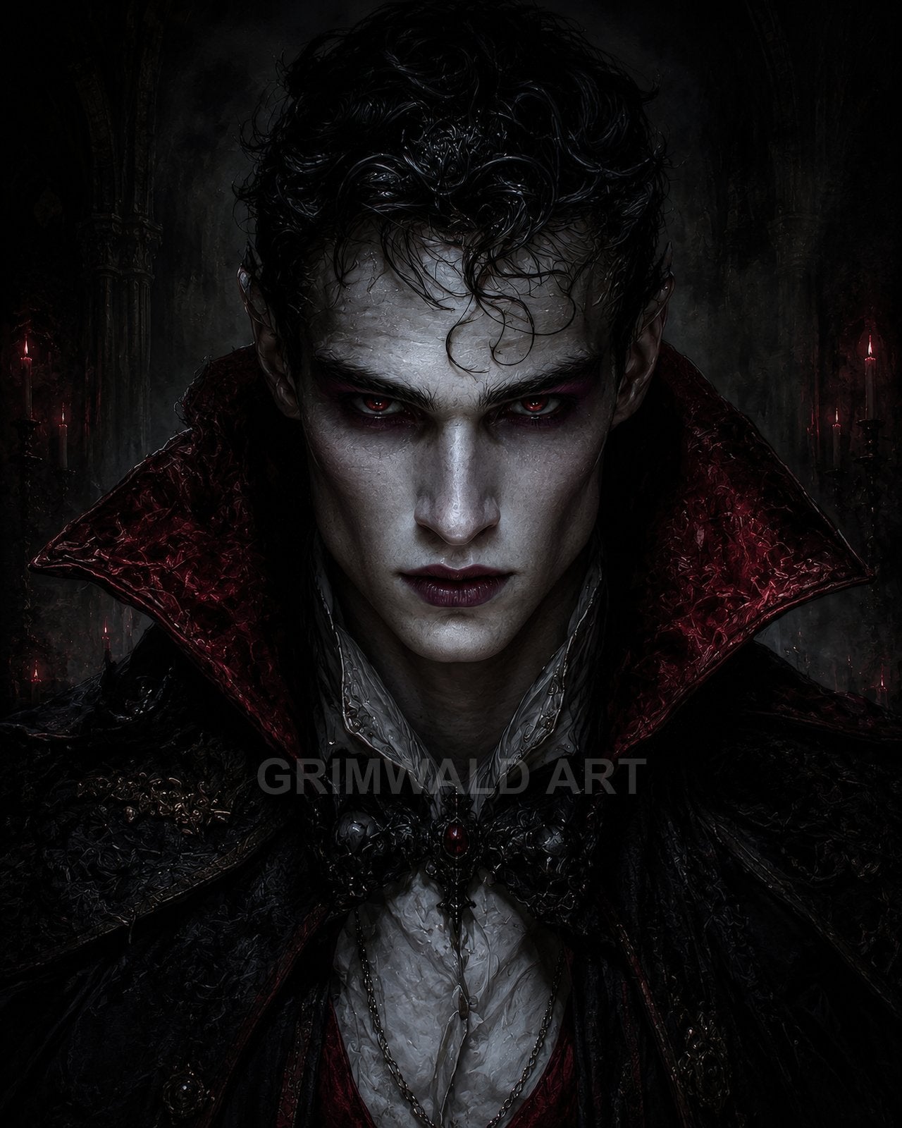 Pale male vampire with red eyes and an ornate high-collared cloak in a dark gothic interior lit by candles, staring intensely forward.