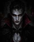 GRID THUMBNAIL — Pale male vampire with red eyes and an ornate high-collared cloak in a dark gothic interior lit by candles, staring intensely forward.
