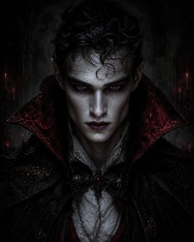 GRID THUMBNAIL — Pale male vampire with red eyes and an ornate high-collared cloak in a dark gothic interior lit by candles, staring intensely forward.