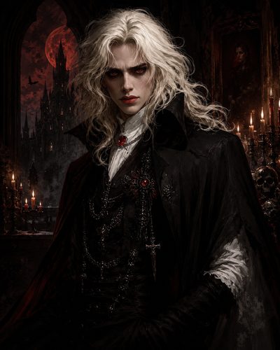GRID THUMBNAIL — Androgynous vampire noble with long white hair and red eyes in a candlelit chamber, with blood-red moon and gothic castle beyond.