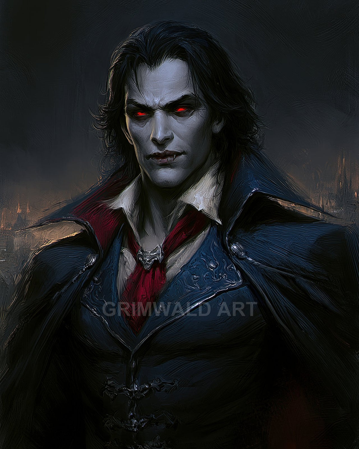 A pale male vampire with glowing red eyes, fangs, and an ornate dark coat with red cravat, posed against a moody night-time city backdrop.
