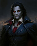 GRID THUMBNAIL — A pale male vampire with glowing red eyes, fangs, and an ornate dark coat with red cravat, posed against a moody night-time city backdrop.
