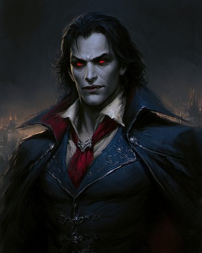 GRID THUMBNAIL — A pale male vampire with glowing red eyes, fangs, and an ornate dark coat with red cravat, posed against a moody night-time city backdrop.