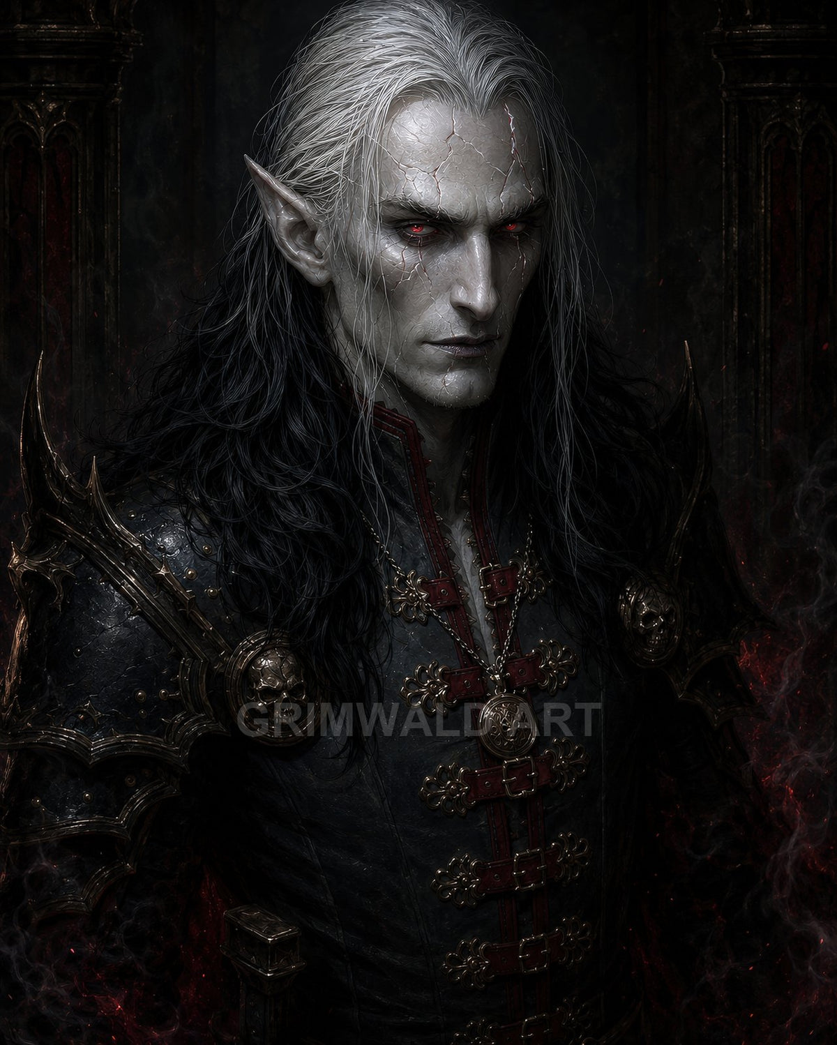 Pale, red-eyed vampire with pointed ears wearing ornate black armour with skull motifs, standing in a dark gothic interior with subtle red embers.