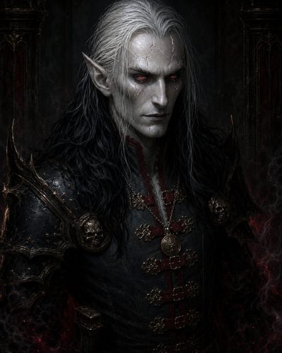 GRID THUMBNAIL — Pale, red-eyed vampire with pointed ears wearing ornate black armour with skull motifs, standing in a dark gothic interior with subtle red embers.