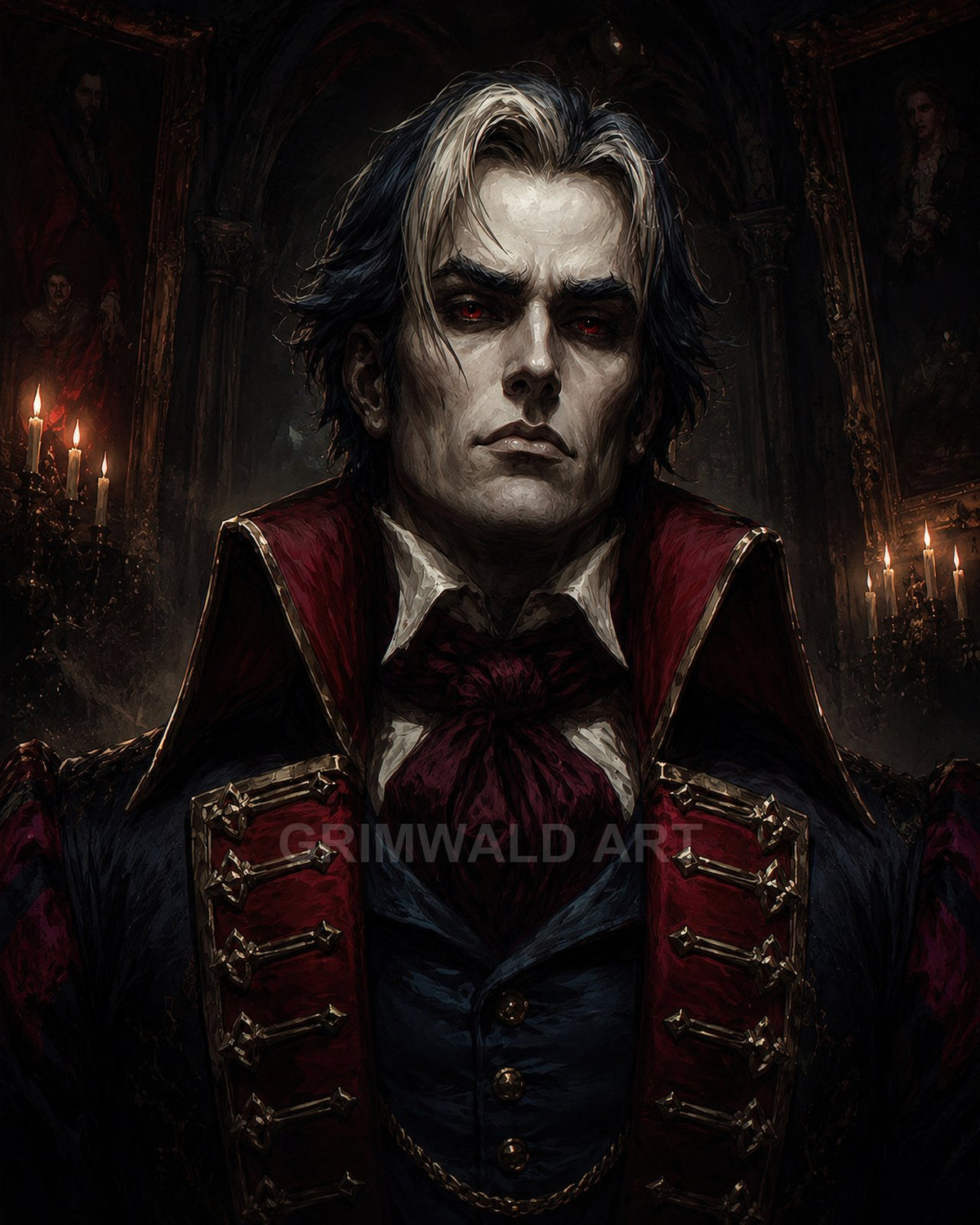 Vampire aristocrat with red eyes and high collar stands in a candlelit gothic castle interior, portraits and candelabra looming behind.