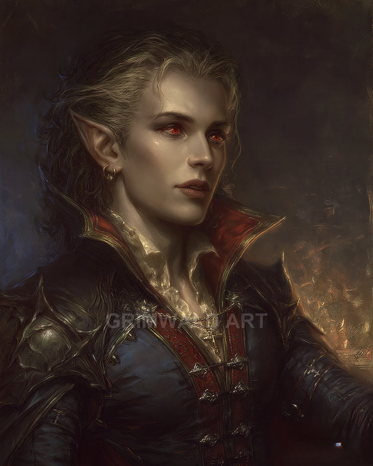 Androgynous vampire noble with pointed ears and red eyes, wearing ornate dark armour and red-trimmed coat, lit by warm firelight.
