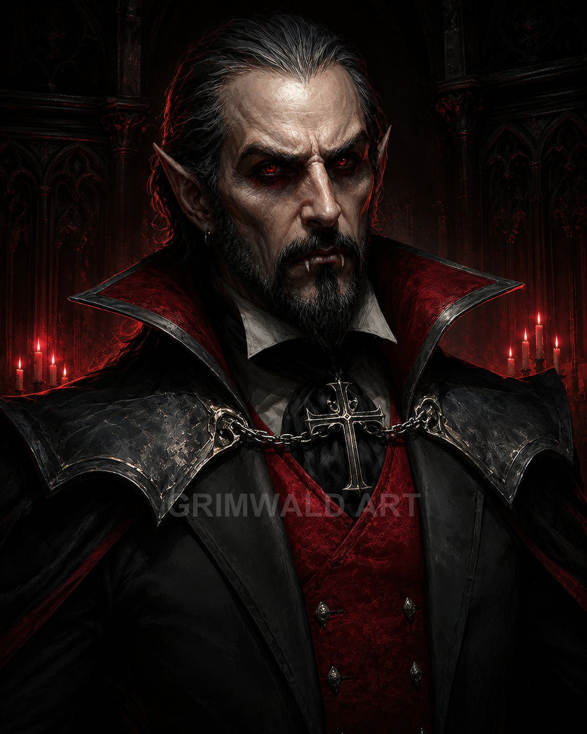 Portrait of a male vampire with red eyes and pointed ears, wearing a black cloak and red waistcoat, candles glowing in a gothic cathedral.