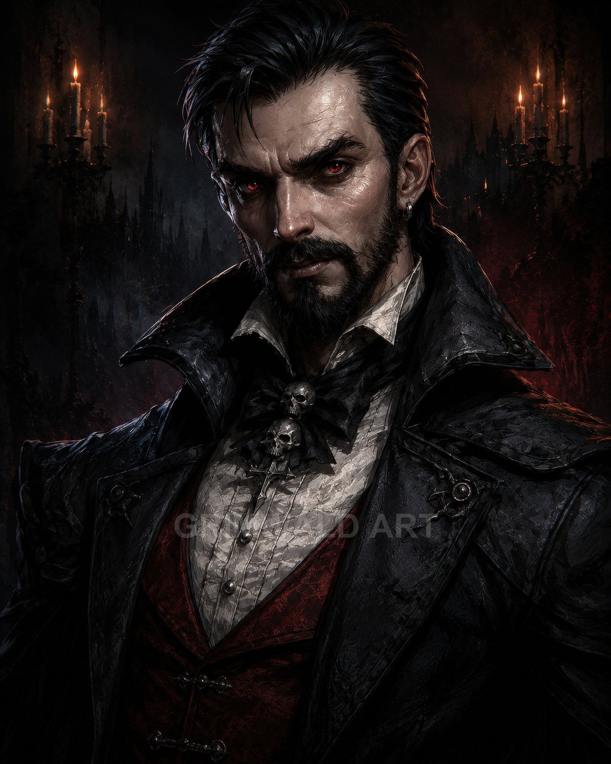 Gothic portrait of a male vampire in red waistcoat and black coat, red eyes glowing, candlelit castle background with candelabras and dark tones.