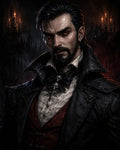 GRID THUMBNAIL — Gothic portrait of a male vampire in red waistcoat and black coat, red eyes glowing, candlelit castle background with candelabras and dark tones.