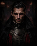 GRID THUMBNAIL — Dark portrait of a male vampire in ornate black armour and cloak, red eyes glowing, with candlelit cathedral candelabras behind.