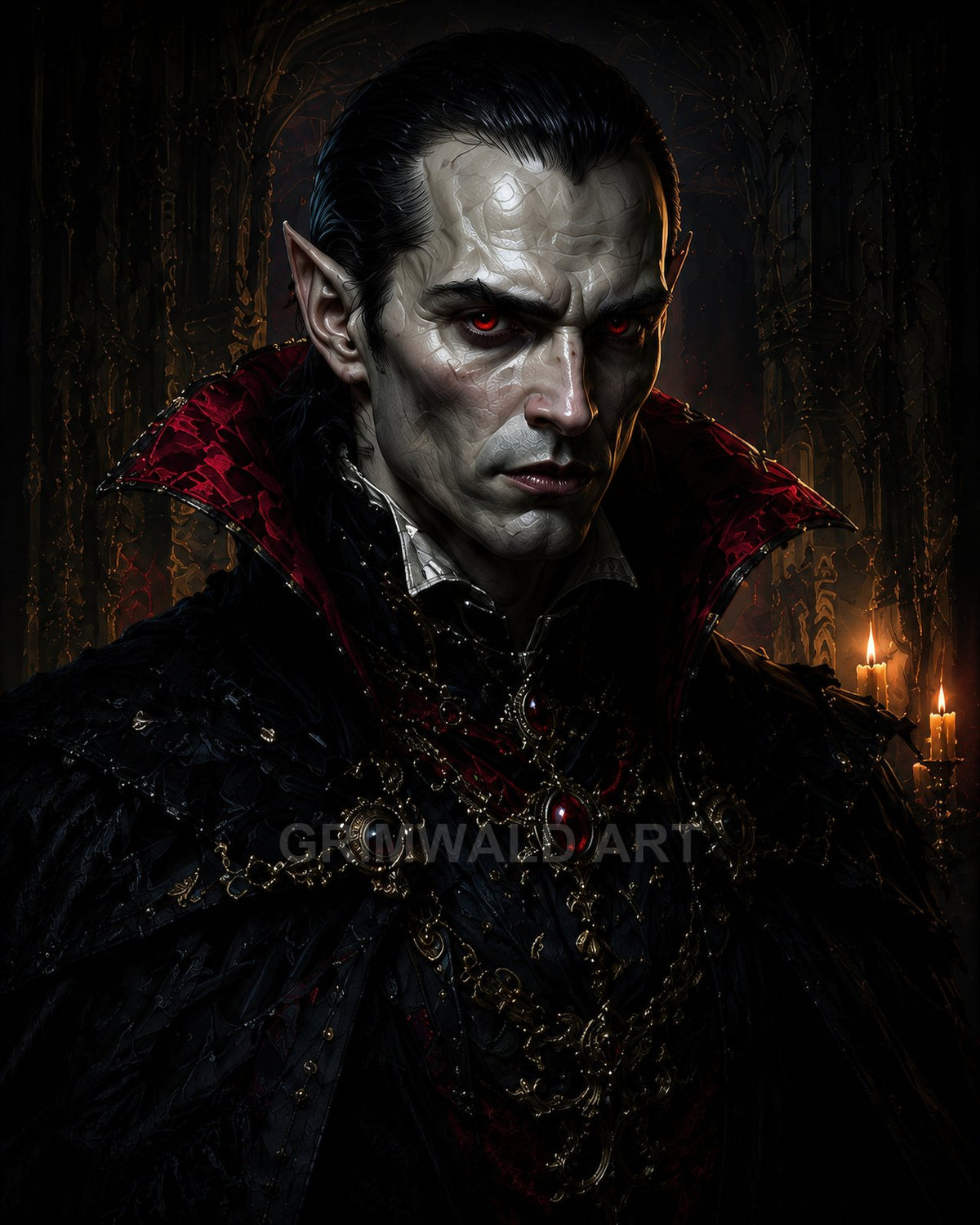 Portrait of a pale, red-eyed vampire noble wearing ornate black and crimson regalia with gold chains and rubies, set against a candlelit gothic castle interior.