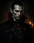 GRID THUMBNAIL — Portrait of a pale, red-eyed vampire noble wearing ornate black and crimson regalia with gold chains and rubies, set against a candlelit gothic castle interior.