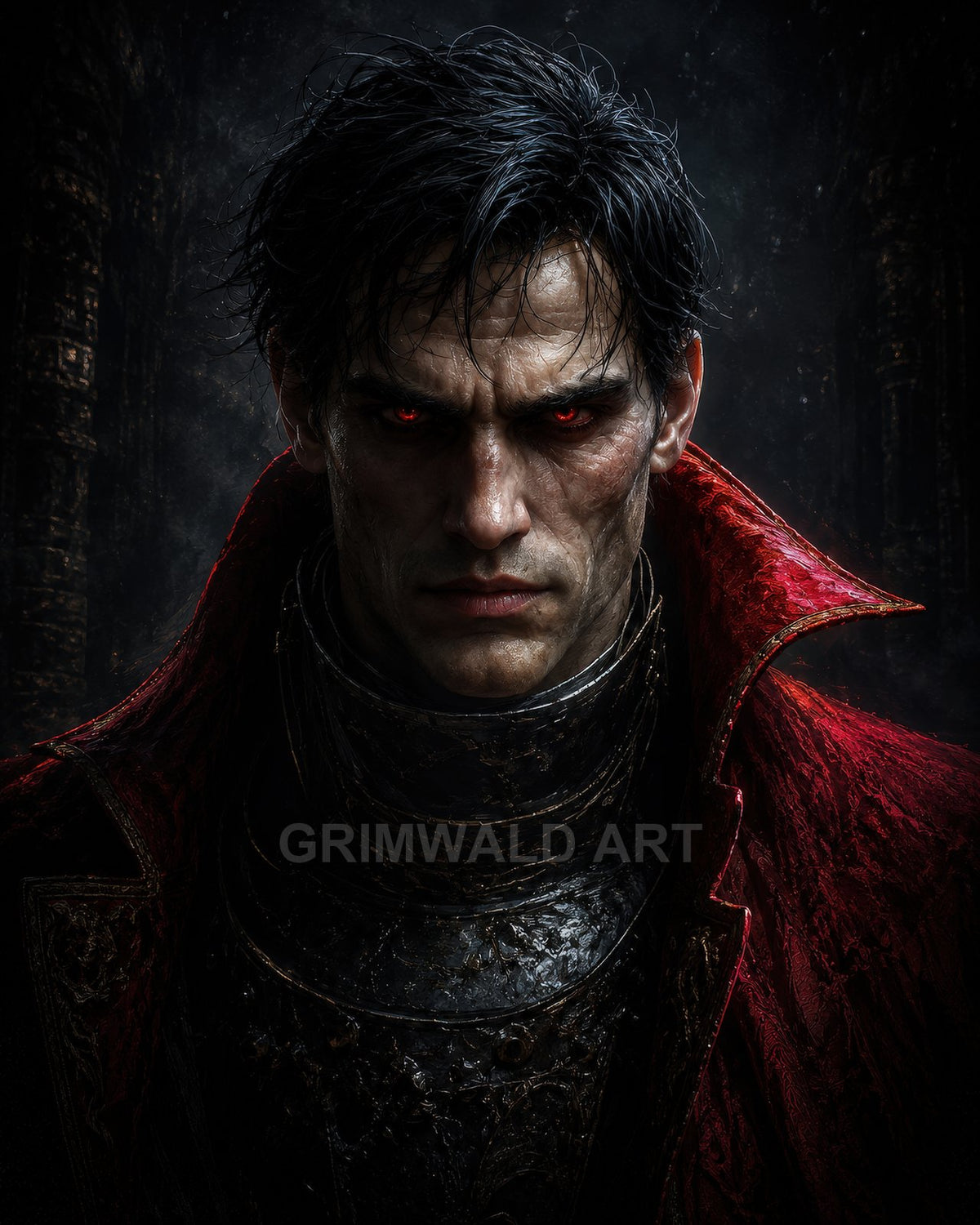 Close-up portrait of a pale vampire with glowing red eyes, wearing blackened armour and a crimson high-collared cloak in a dark castle setting.