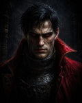 GRID THUMBNAIL — Close-up portrait of a pale vampire with glowing red eyes, wearing blackened armour and a crimson high-collared cloak in a dark castle setting.