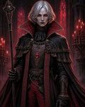GRID THUMBNAIL — Pale, silver-haired vampire noble holding a staff in a candlelit gothic cathedral, wearing black-and-crimson armour and a high-collared cape with a ruby pendant.