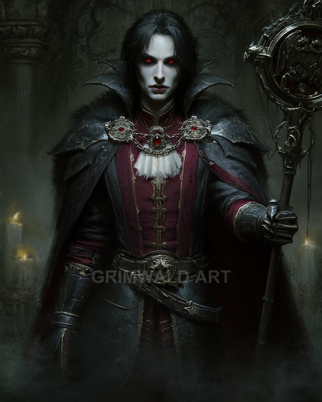 Pale, red-eyed vampire noble in dark gothic regalia holds an ornate staff amid candlelit stone arches, fur-trimmed cloak and crimson attire.