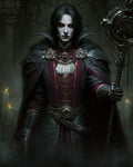 GRID THUMBNAIL — Pale, red-eyed vampire noble in dark gothic regalia holds an ornate staff amid candlelit stone arches, fur-trimmed cloak and crimson attire.