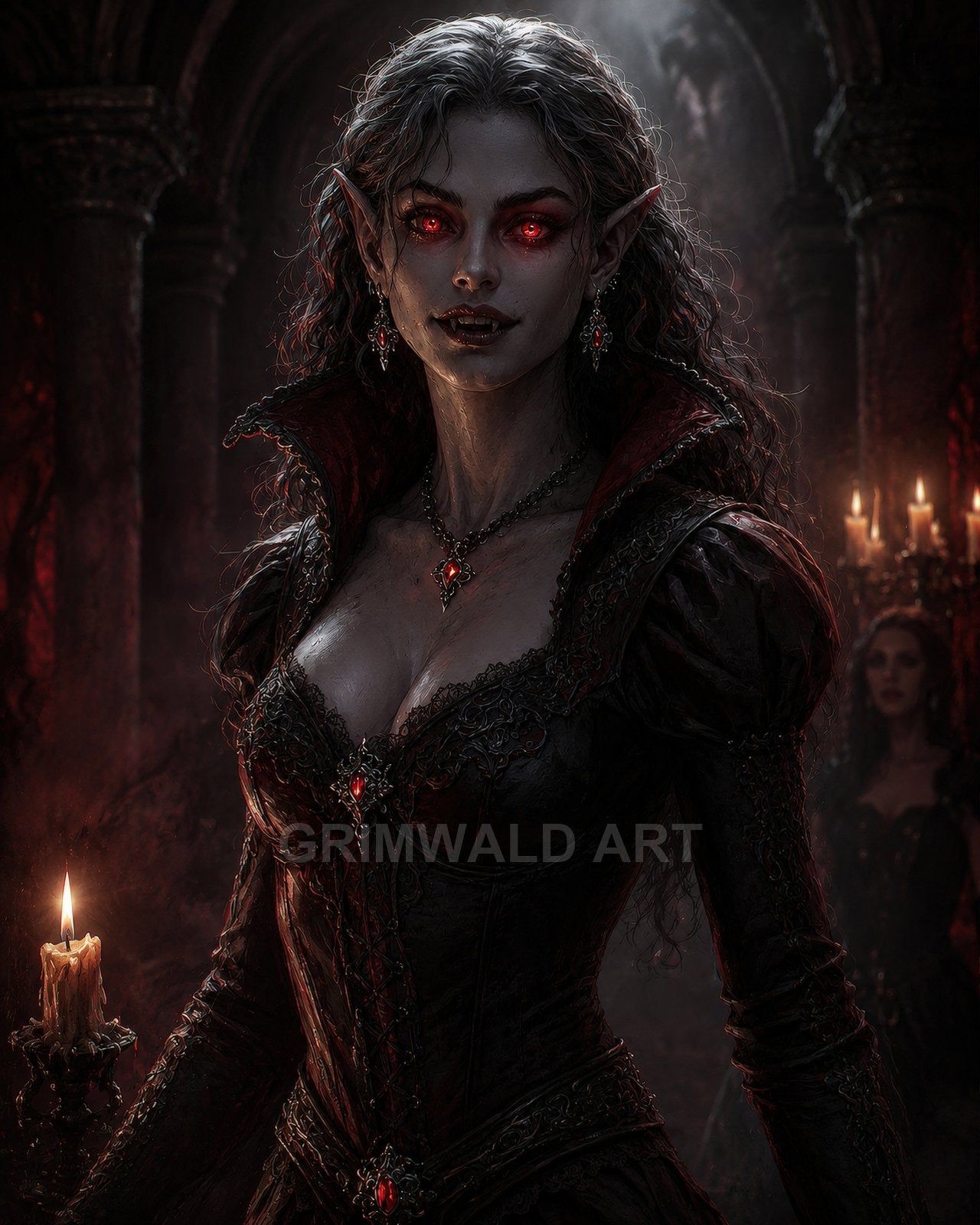 Pale vampire noblewoman with glowing red eyes and fangs holds a candle in a gothic castle interior, wearing black lace gown and ruby jewellery.