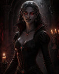 GRID THUMBNAIL — Pale vampire noblewoman with glowing red eyes and fangs holds a candle in a gothic castle interior, wearing black lace gown and ruby jewellery.